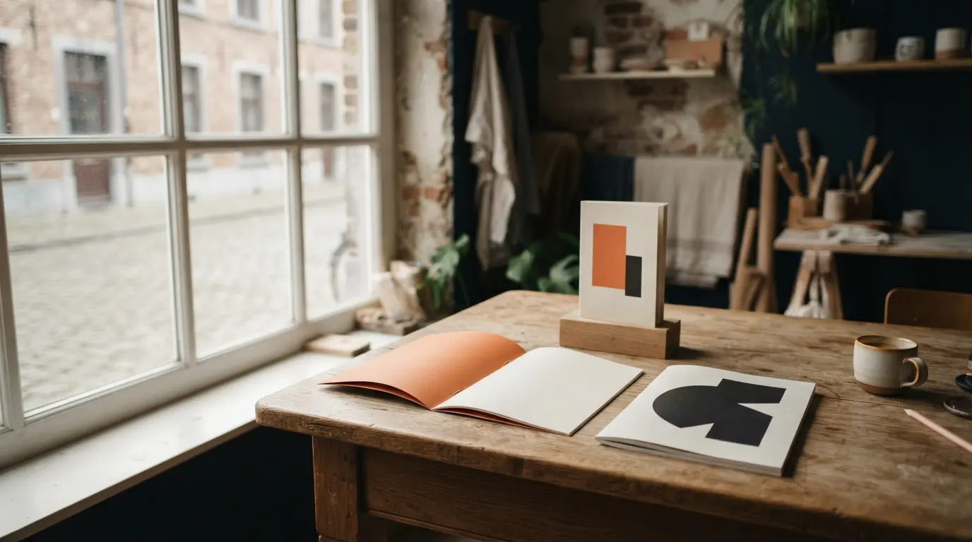 Brochures en een gebonden boekje, open en dicht