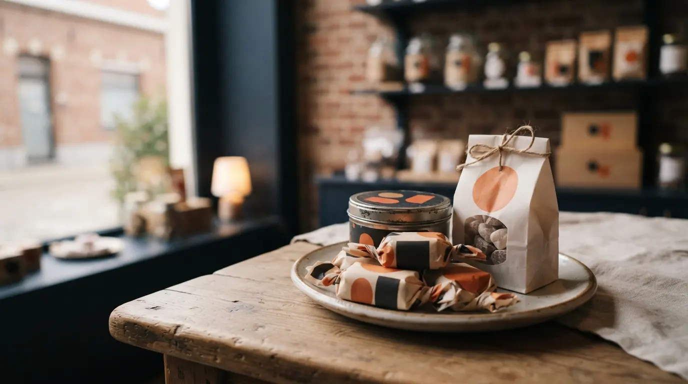 Chocolaatjes en snoep in bedrukte verpakking