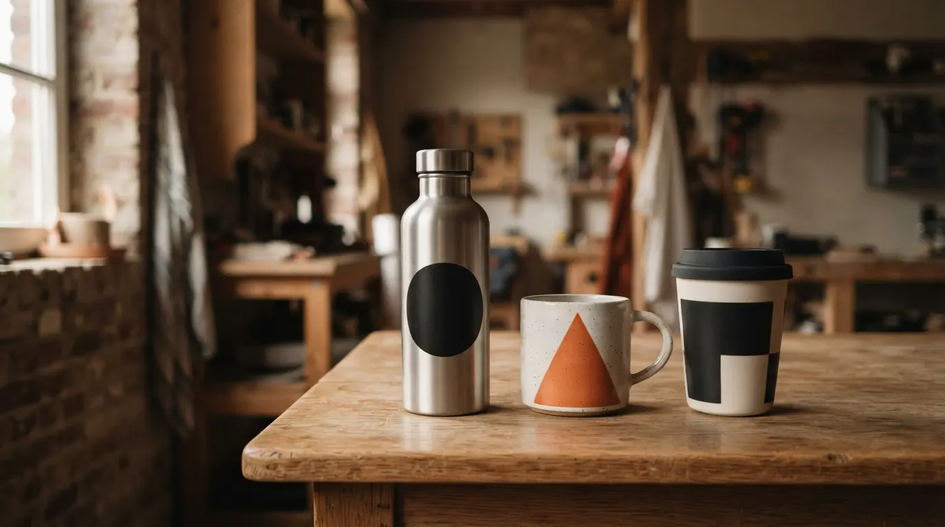 Drinkflessen, een mok en een beker