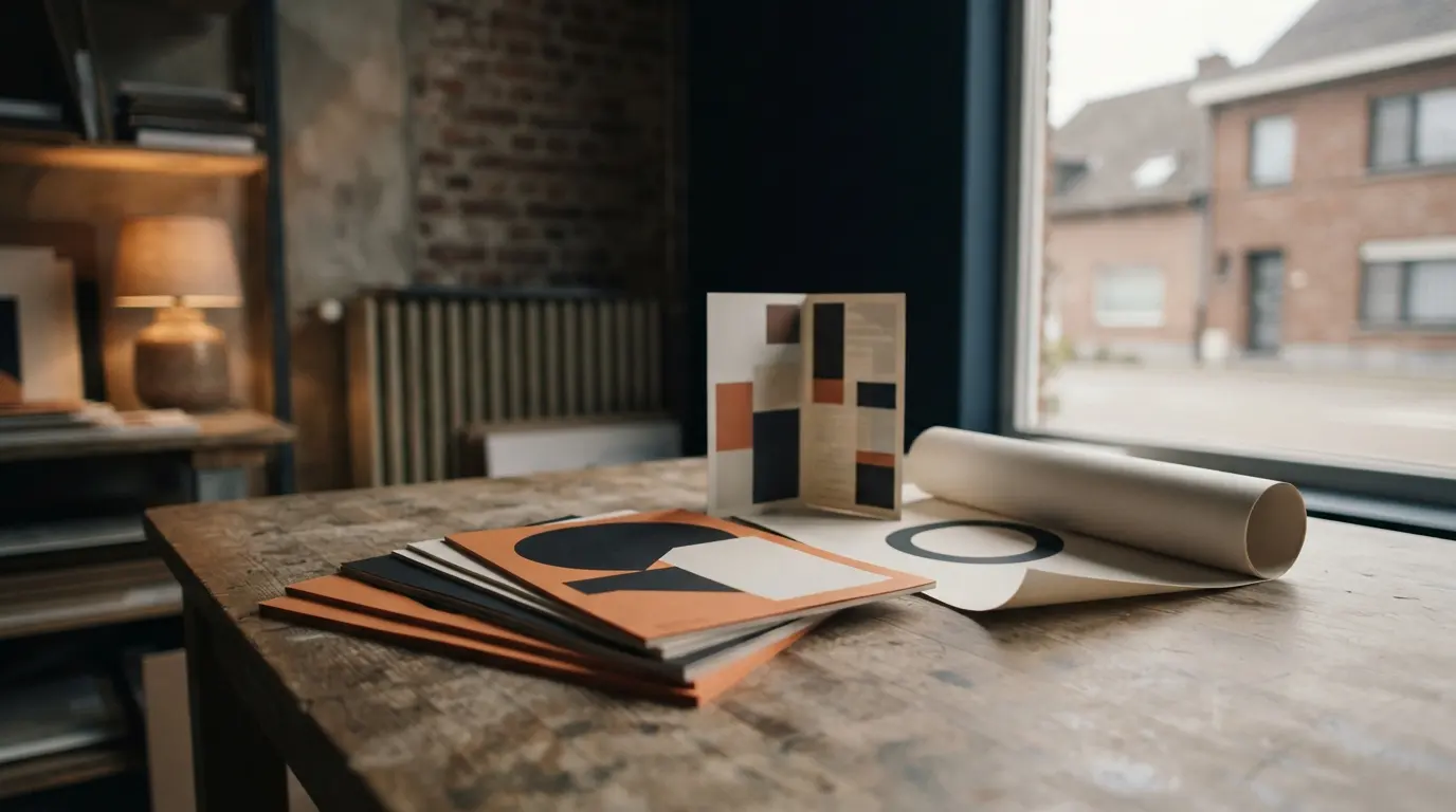 Des flyers, un dépliant plié et une affiche enroulée sur une table