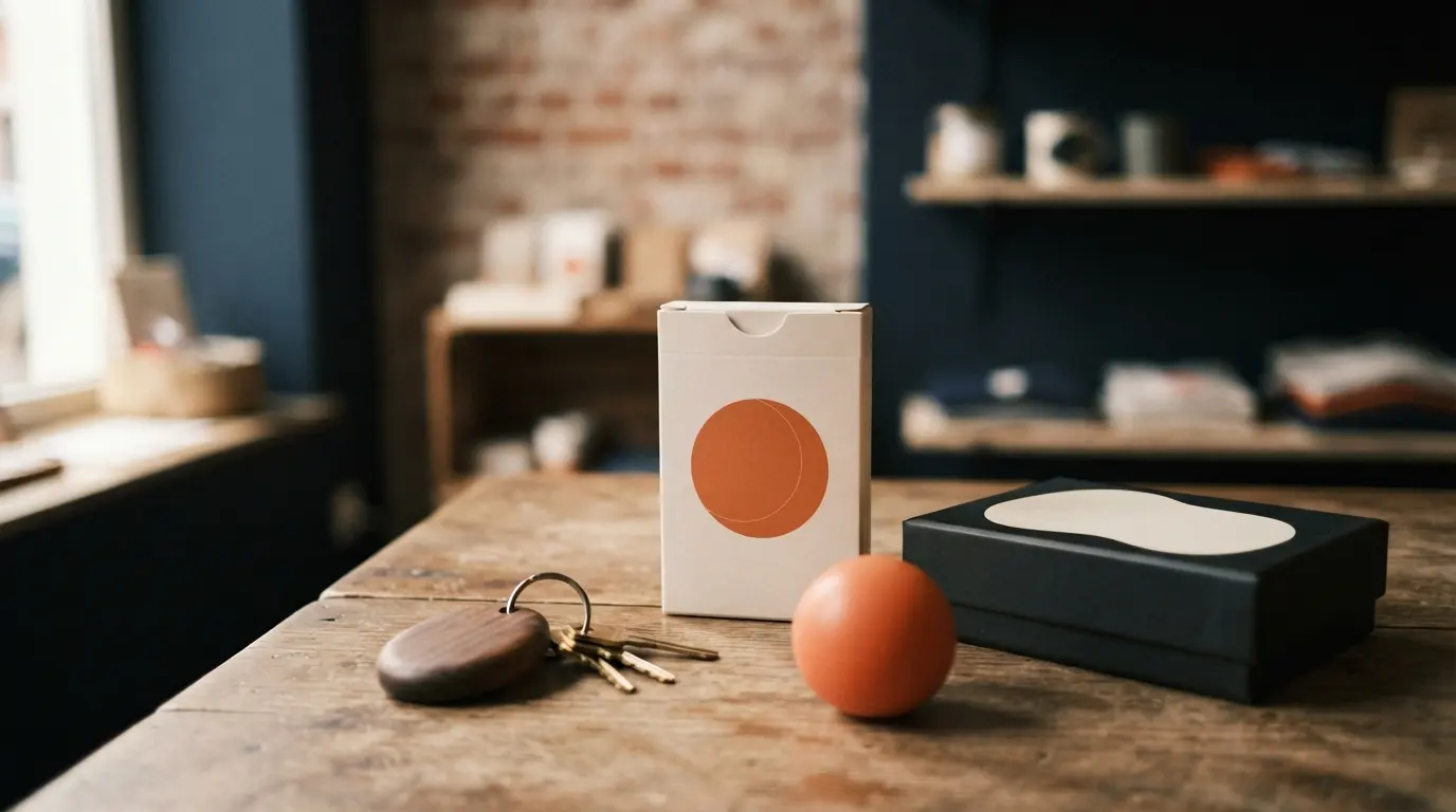 Un porte-clés, un jeu de cartes et une balle anti-stress