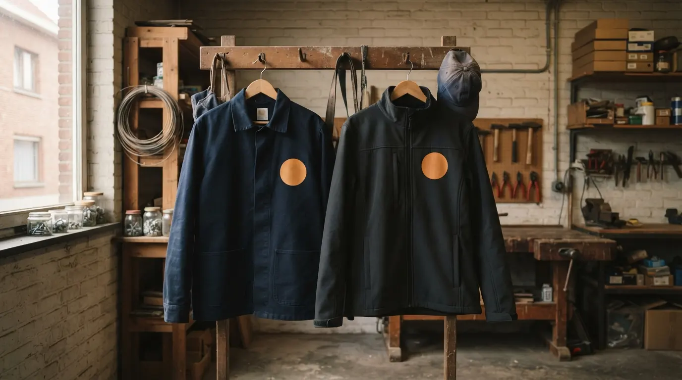 Een werkjas en een werkbroek aan een kapstok