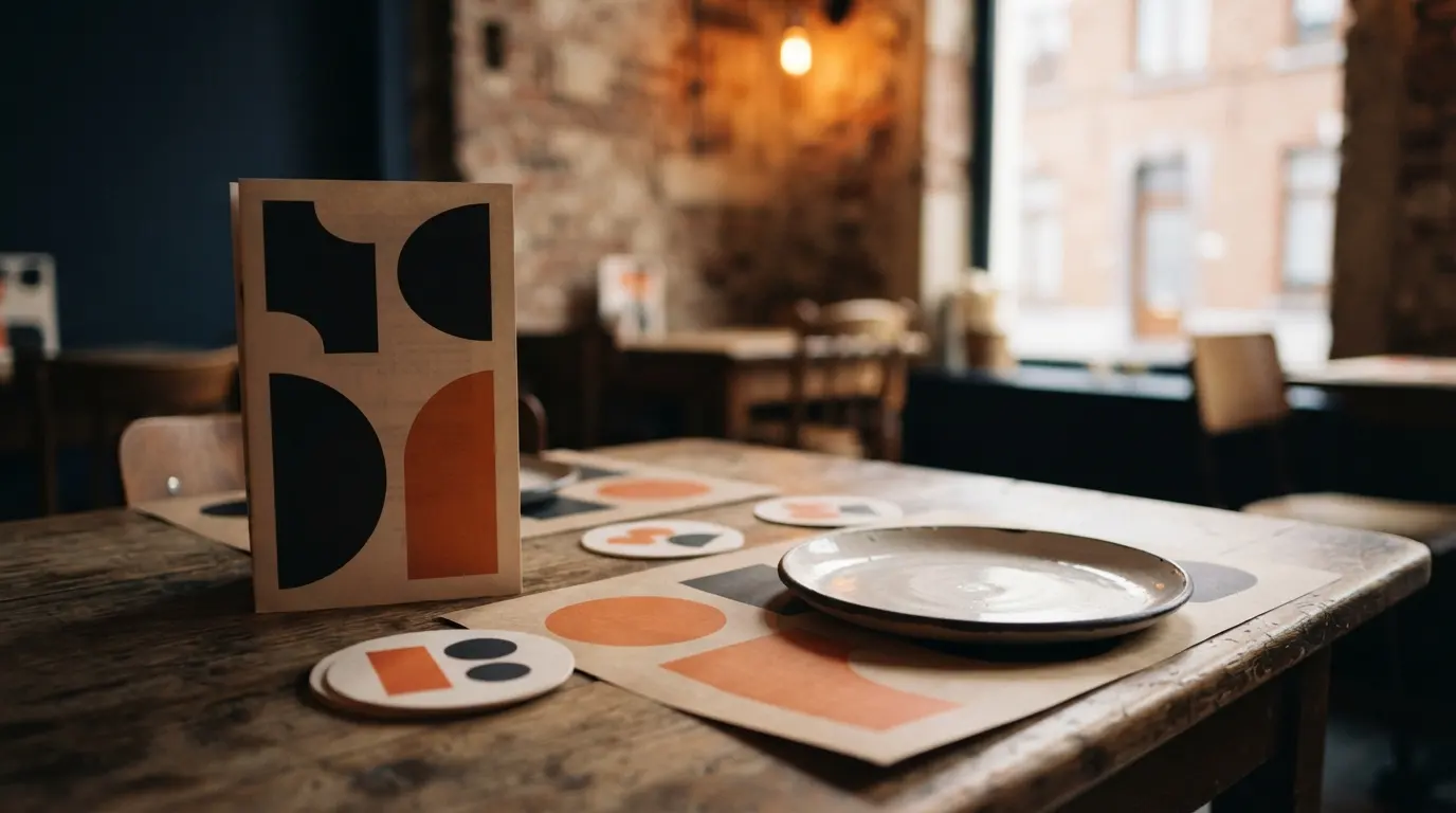 Menukaarten, placemats en bierviltjes op een cafétafel