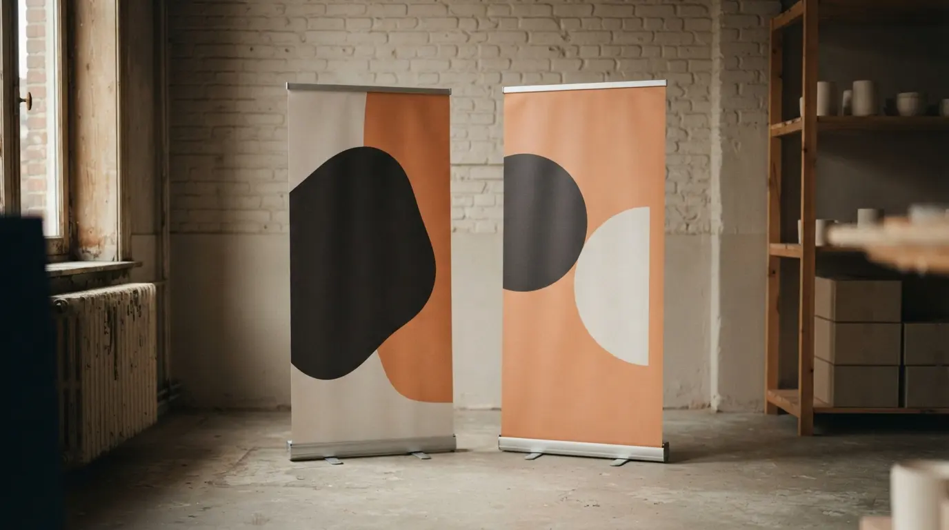 Twee roll-up banners naast elkaar in een lichte ruimte