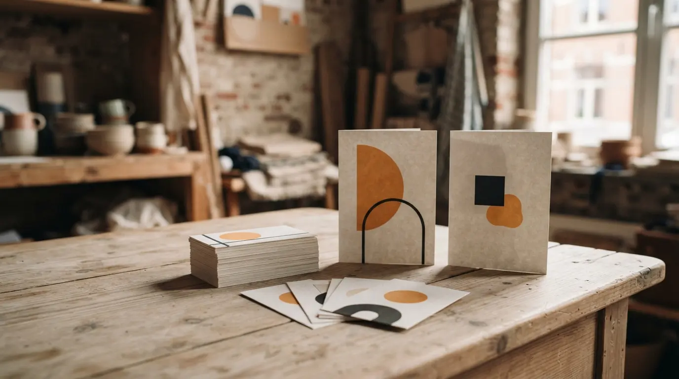 Visitekaartjes en gevouwen kaarten in dezelfde stijl op een houten tafel