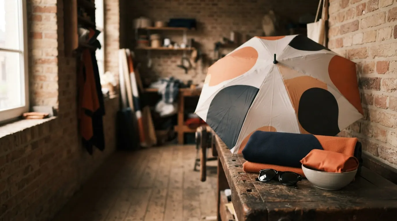 Un parapluie, des lunettes de soleil et une écharpe