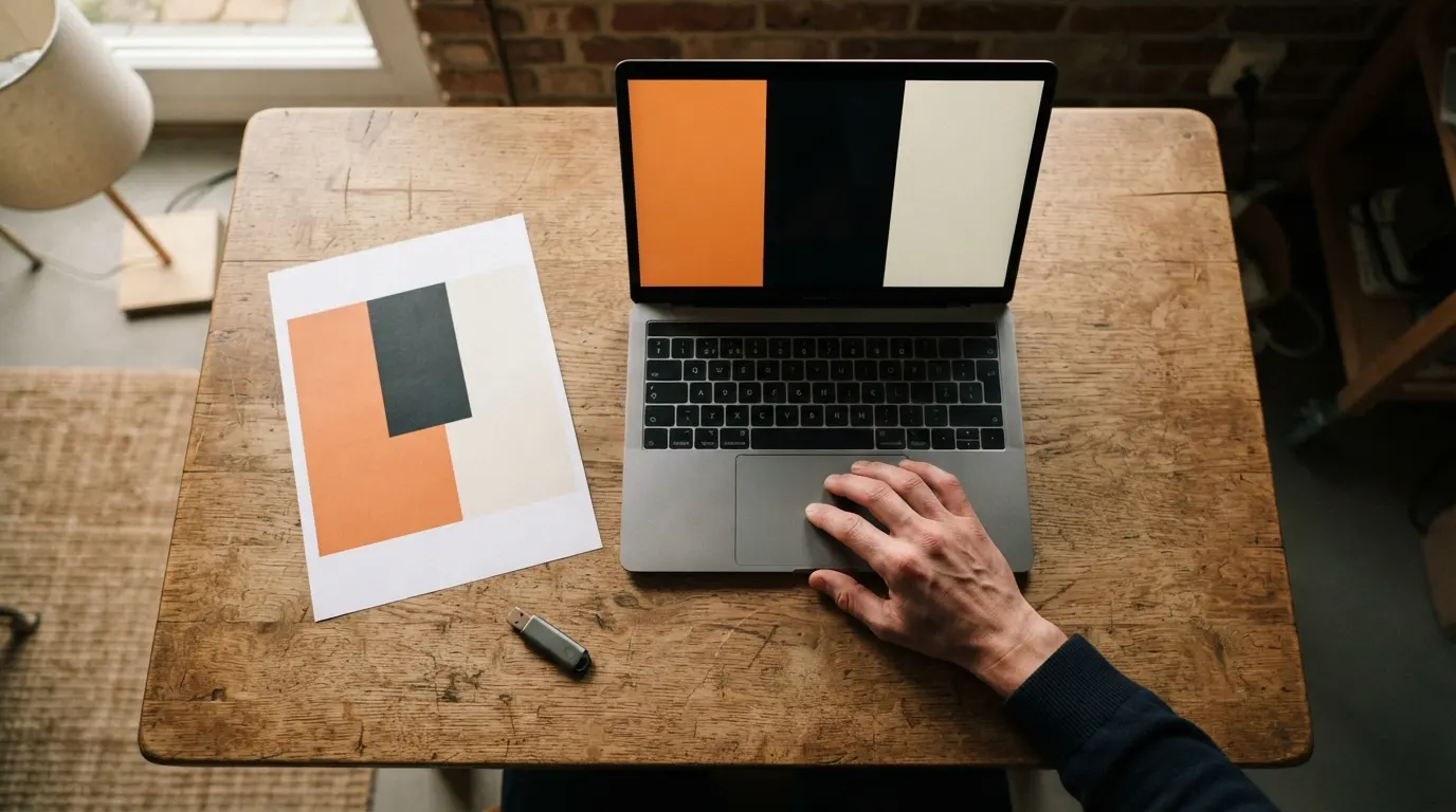 Un ordinateur portable avec une création graphique en aplats de couleur et une épreuve à côté, une main posée sur le trackpad
