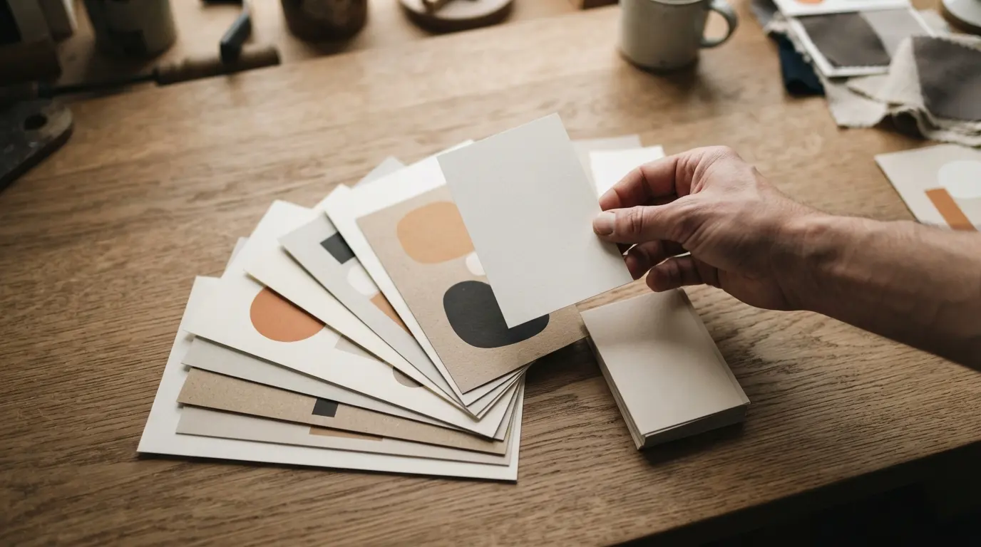 Une main tient un échantillon de papier au-dessus d'un nuancier d'échantillons de papier