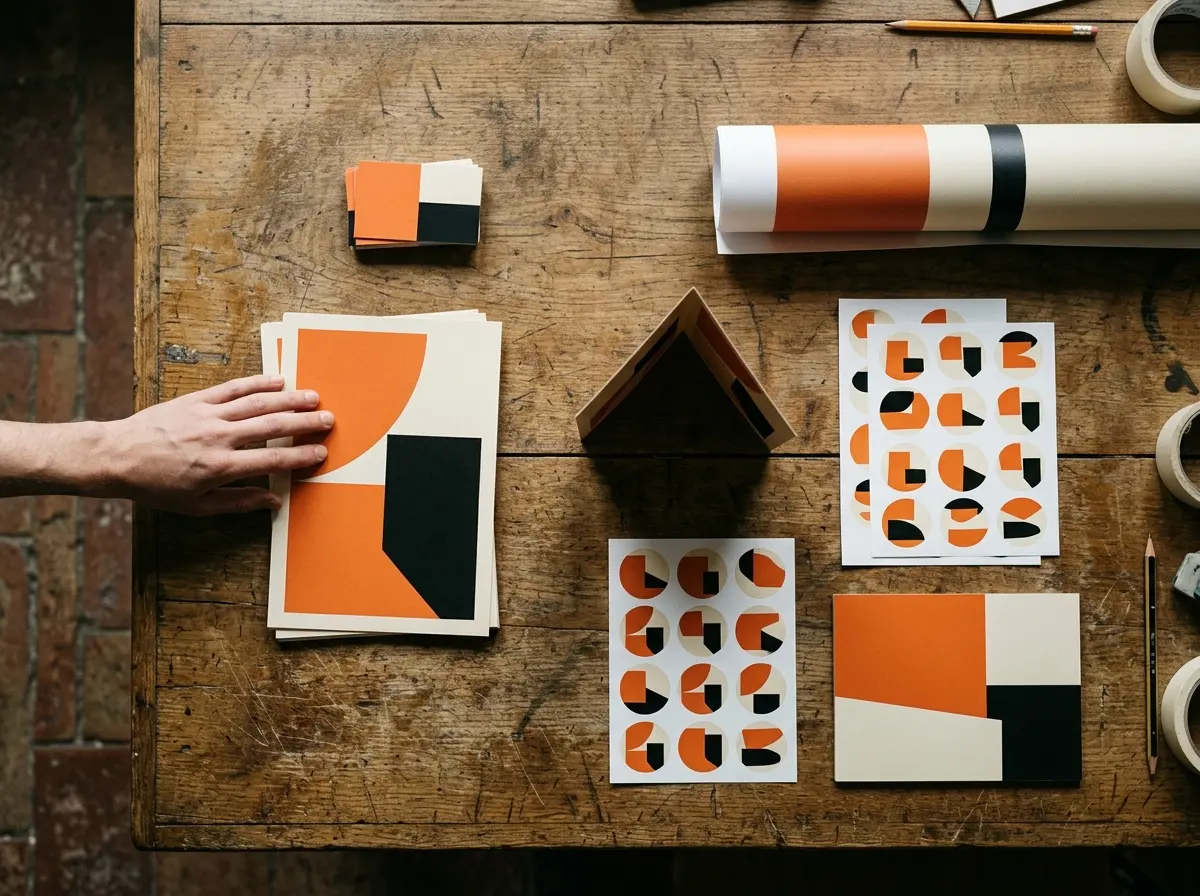 Van bovenaf: flyers, kaartjes, een folder, stickervellen en een opgerolde banner op een houten tafel