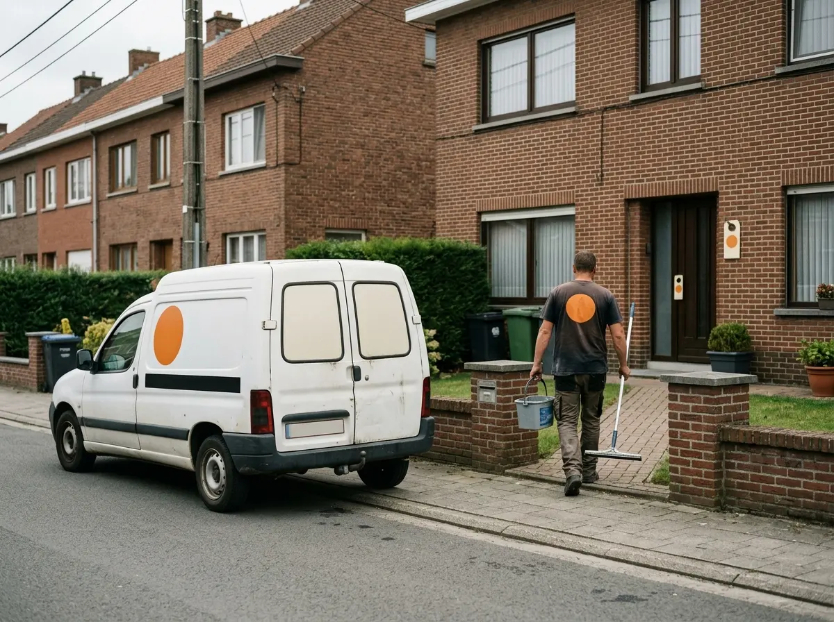 Een bestelwagen voor een woning; een vakman met een bedrukt T-shirt loopt met emmer en borstel naar de voordeur