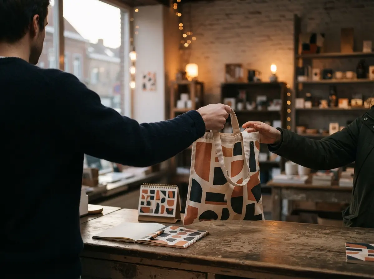 Par-dessus un comptoir, une main tend un sac en coton imprimé à un client, avec un calendrier et un carnet à côté