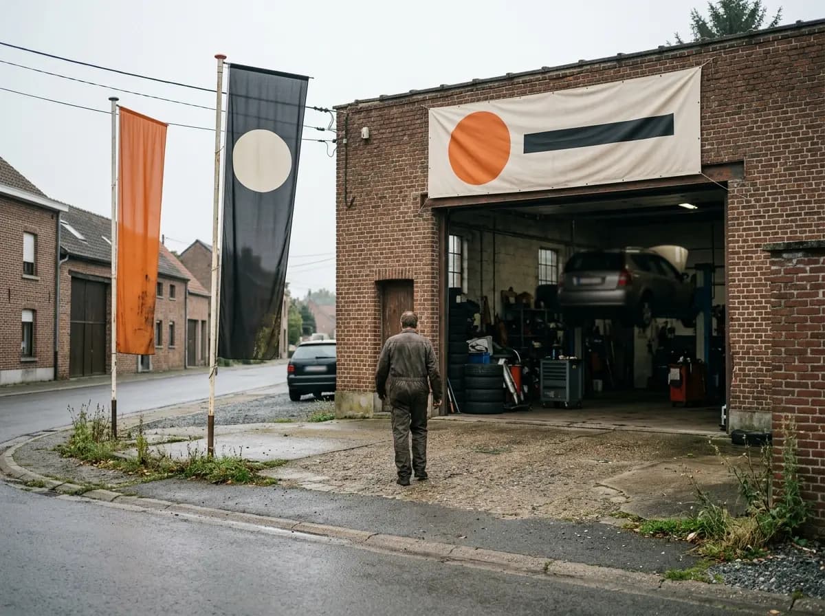 Een garage in een dorp met vlaggen aan masten en een banner boven de poort; een monteur loopt naar binnen