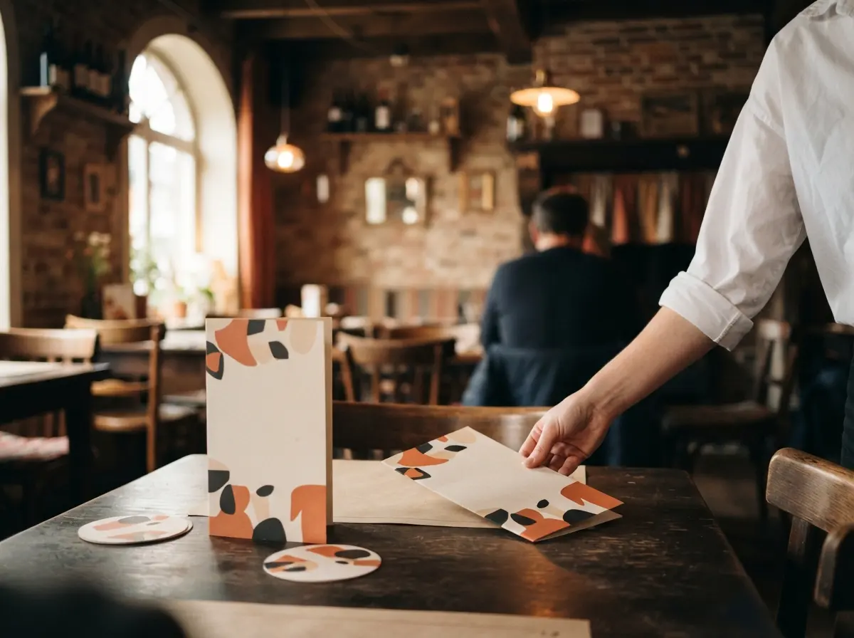 Een menukaart, placemats en bierviltjes op de tafel van een brasserie, een hand legt een kaart neer
