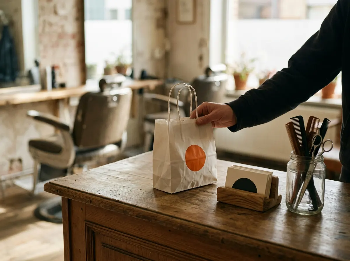 Sur le comptoir d'un salon de coiffure, une main pose un sac en papier, à côté d'un présentoir à cartes