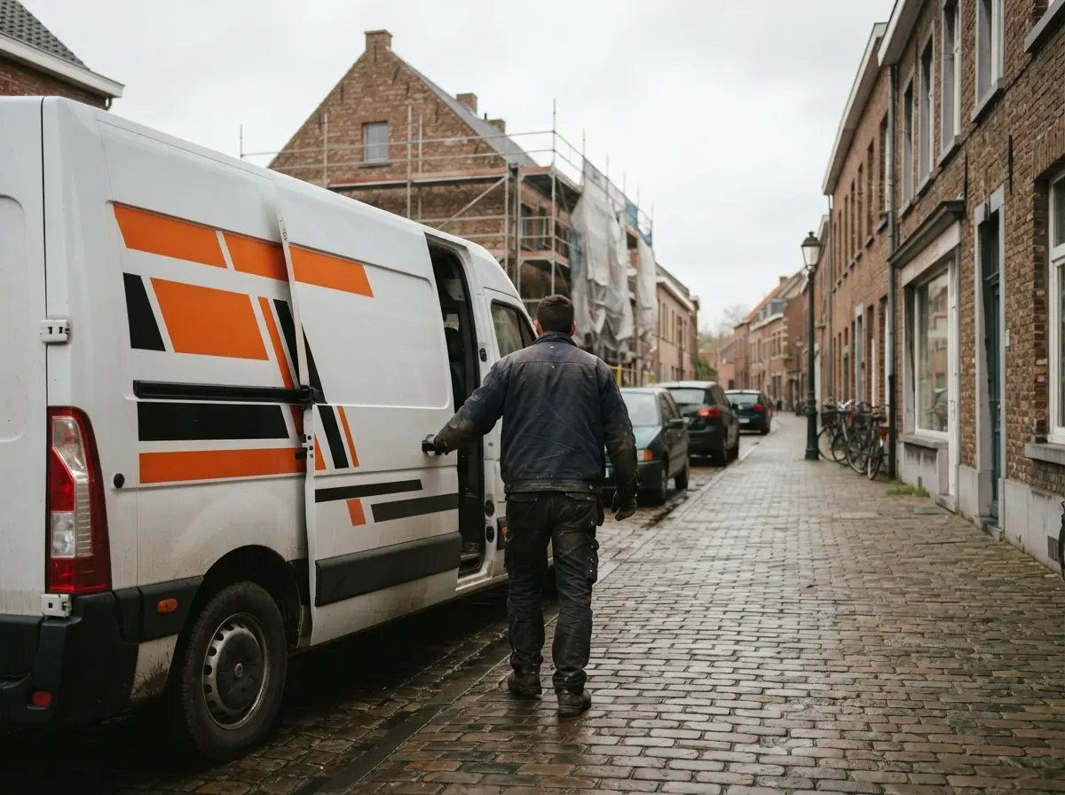 Une camionnette blanche avec un lettrage en aplats de couleur, un artisan ouvre la porte coulissante