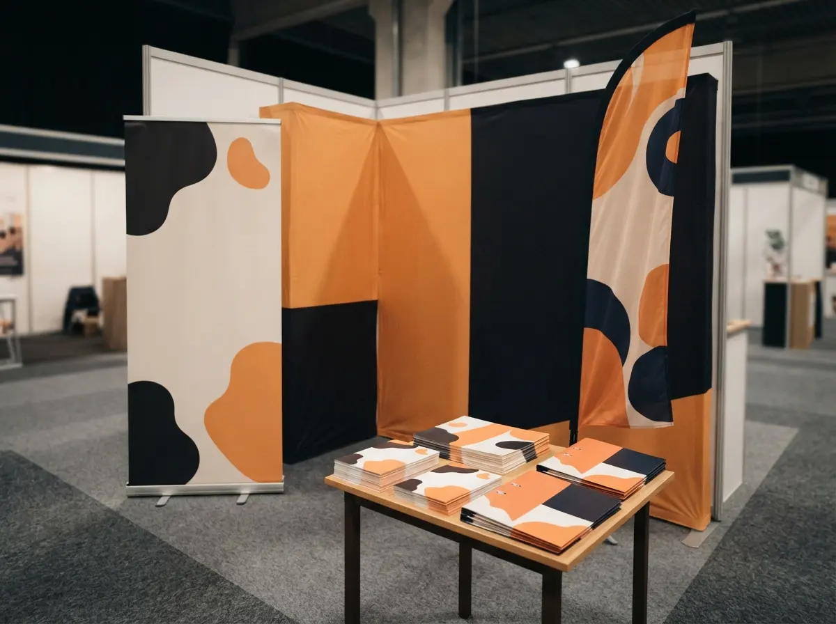 Un stand de salon avec un roll-up, un beachflag, une table avec des flyers et un mur en aplats de couleur