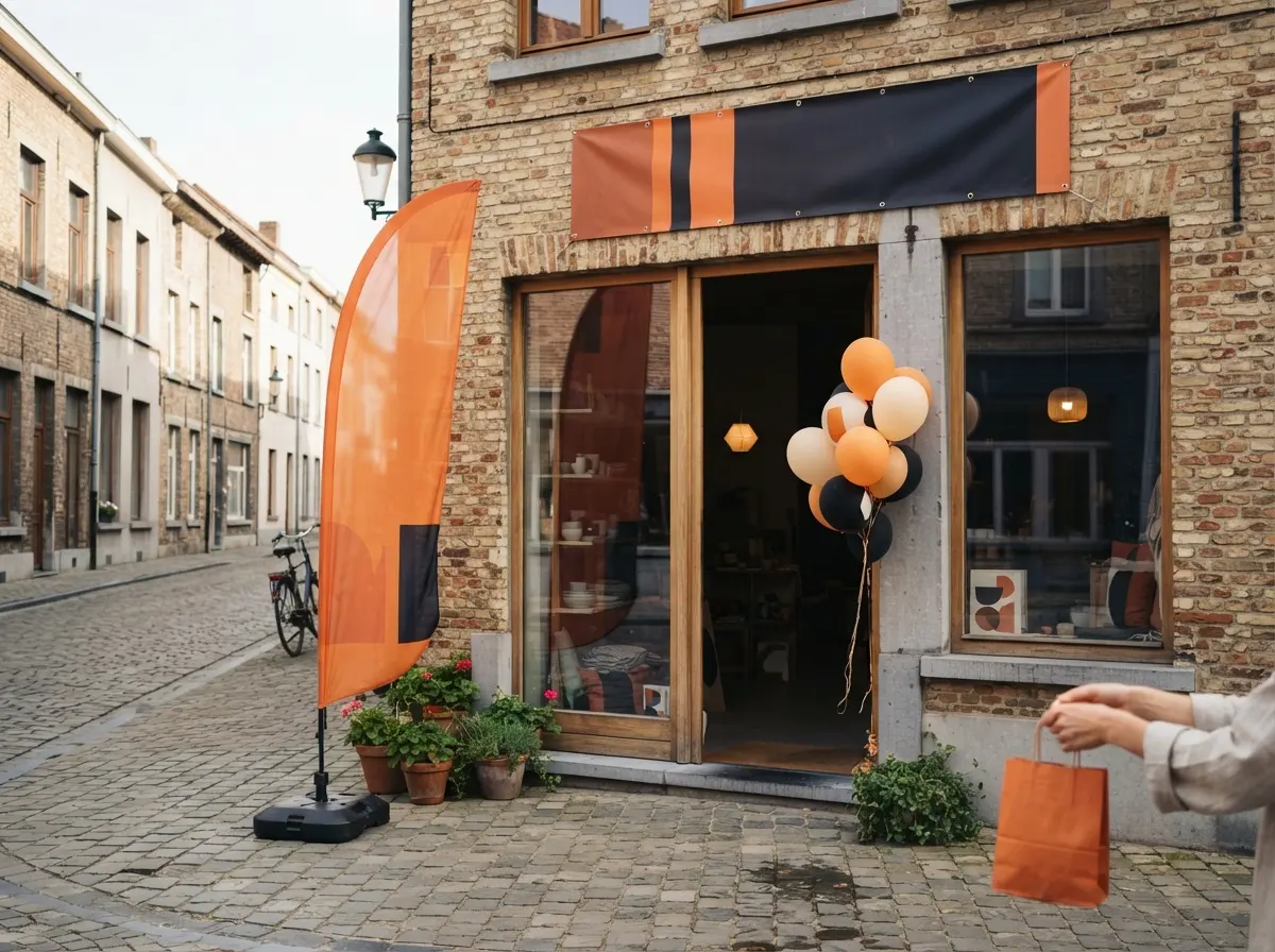 Un nouveau magasin avec une banderole au-dessus de la porte et un beachflag orange sur le trottoir, le jour de l'ouverture