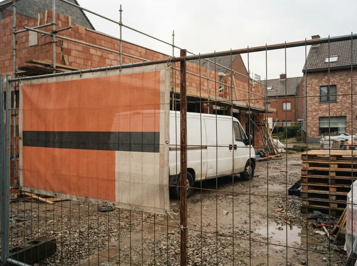 Une clôture de chantier avec une bâche orange, avec derrière une camionnette et un chantier en construction