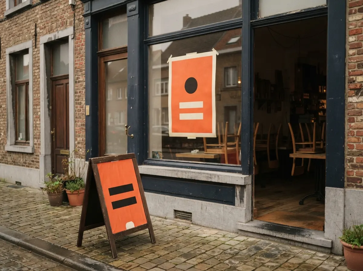 La vitrine d'un café avec une grande affiche orange, un chevalet sur le trottoir, tôt le matin