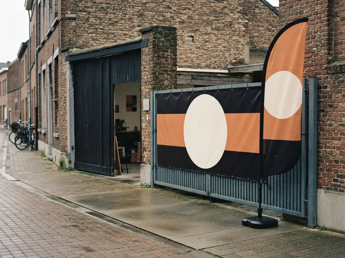 Une banderole sur une clôture et un beachflag à côté, à l'entrée d'une entreprise