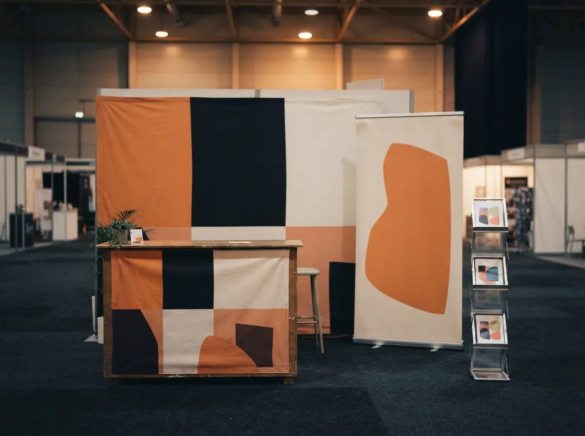 Un stand de foire vide avec un mur de fond, un comptoir et un roll-up banner, juste avant l'ouverture