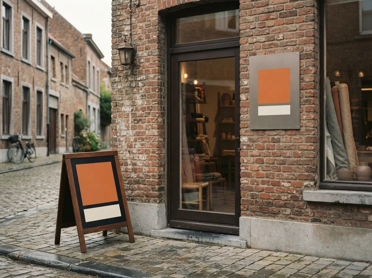 Un chevalet de trottoir sur le trottoir et un panneau sur la façade à côté de la porte d'un commerce