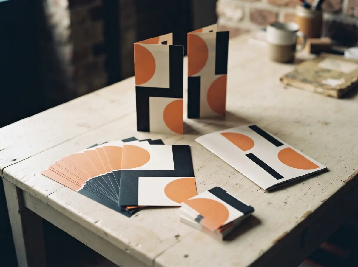 Une pile de flyers, deux dépliants, une brochure et des cartes dans le même style sur une table en bois