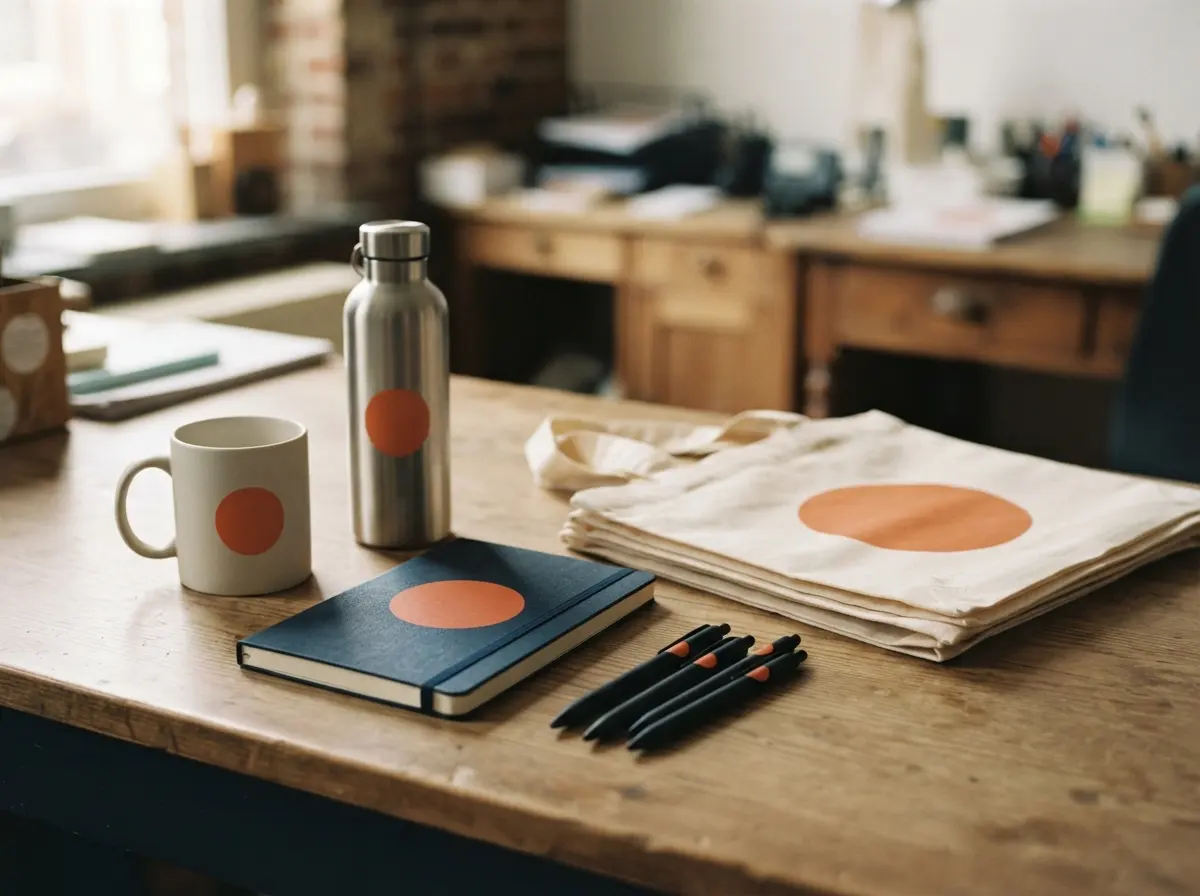 Un mug, une gourde, des stylos, un carnet et un sac en coton dans le même style sur un bureau