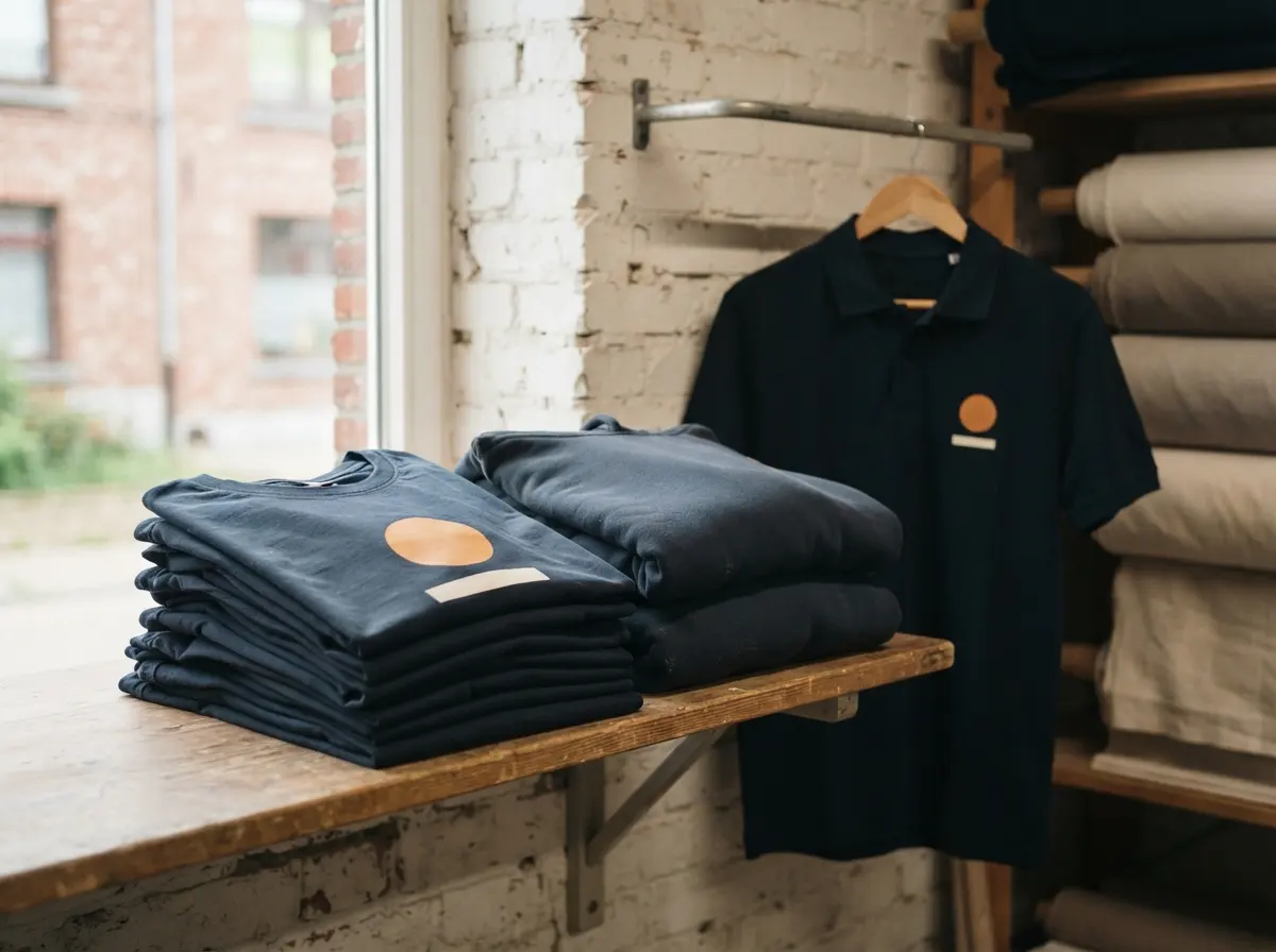 Une pile de T-shirts pliés et un hoodie sur une étagère, avec un polo sur un cintre à côté