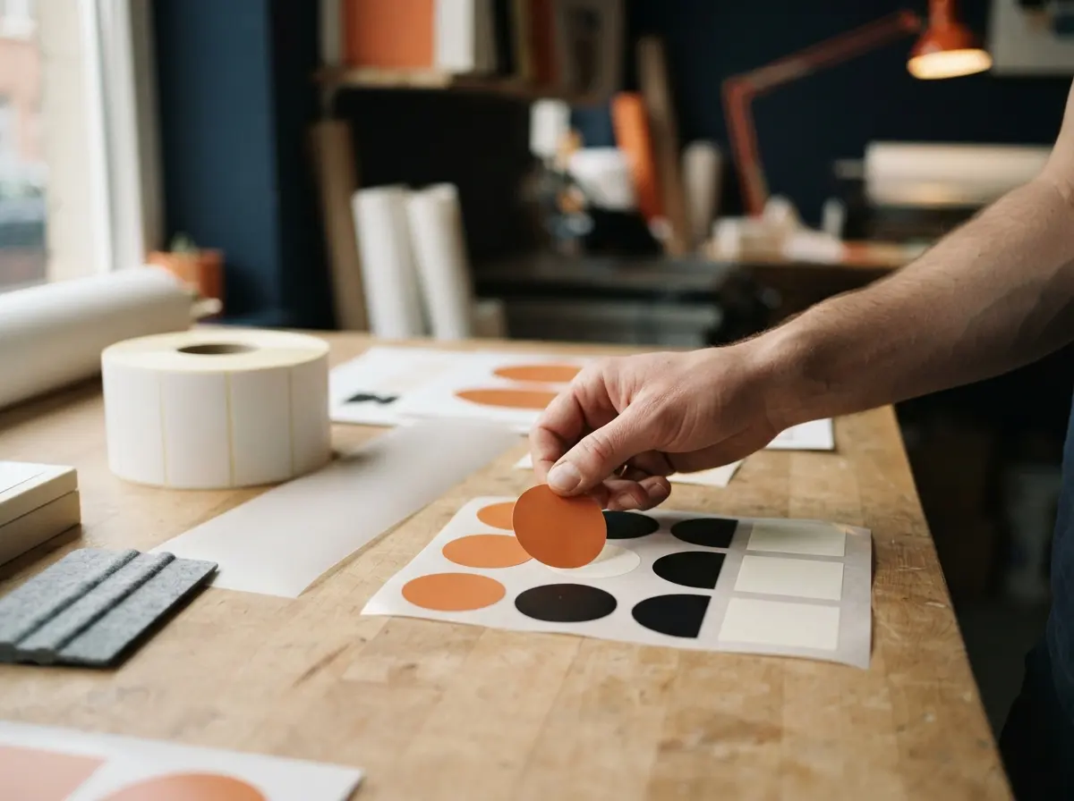 Une main détache un autocollant rond d'une planche d'autocollants, avec un rouleau d'étiquettes et une raclette à côté