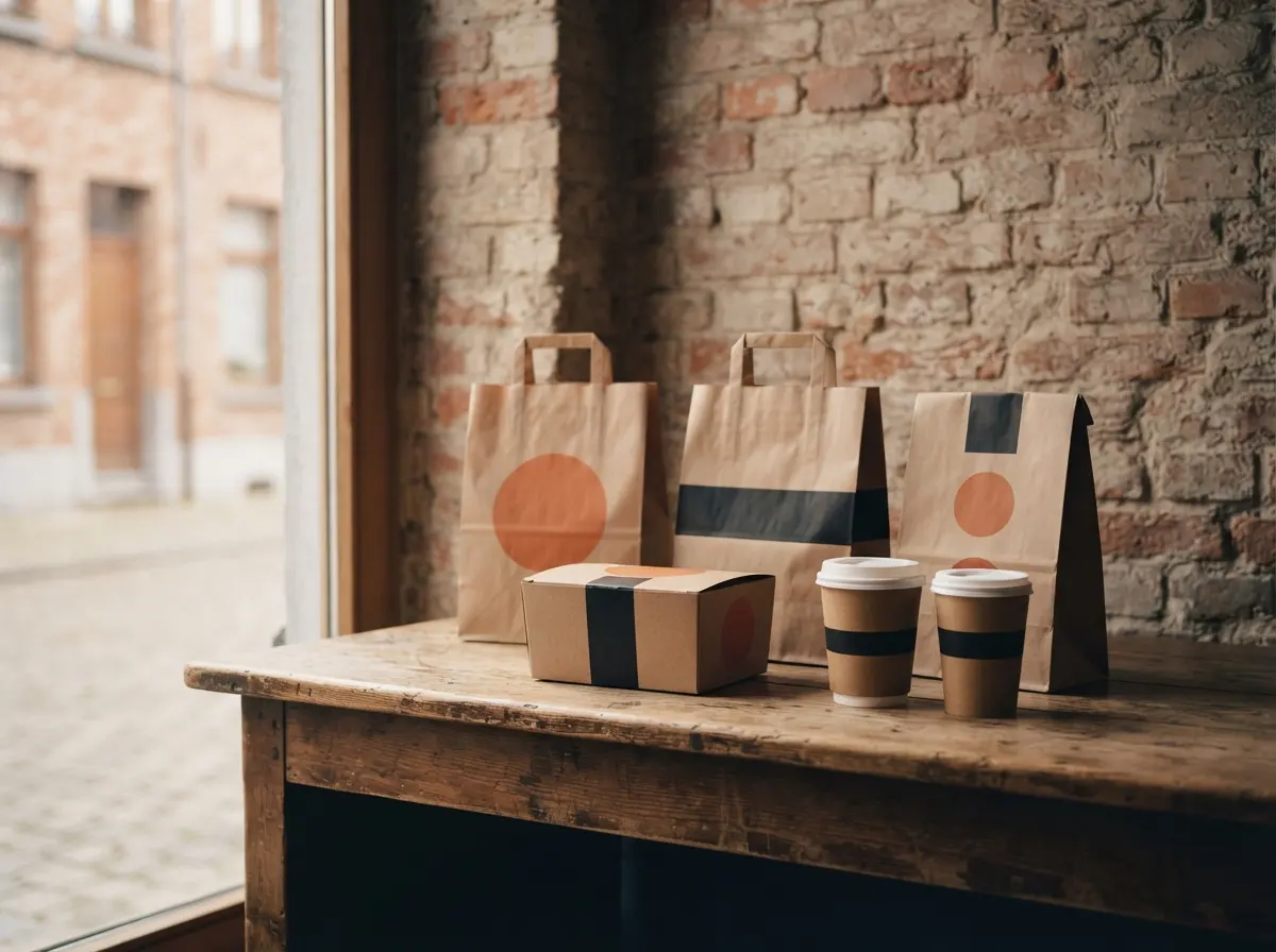 Des sacs en papier, une boîte et deux gobelets dans le même style sur un comptoir