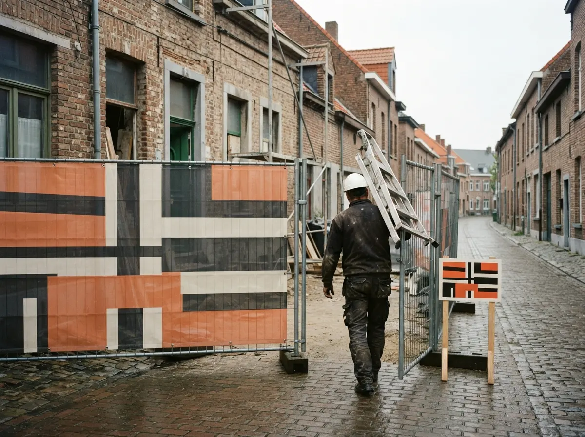 Un chantier avec une banderole de clôture et un panneau de chantier en aplats de couleur, un artisan porte une échelle à l'intérieur