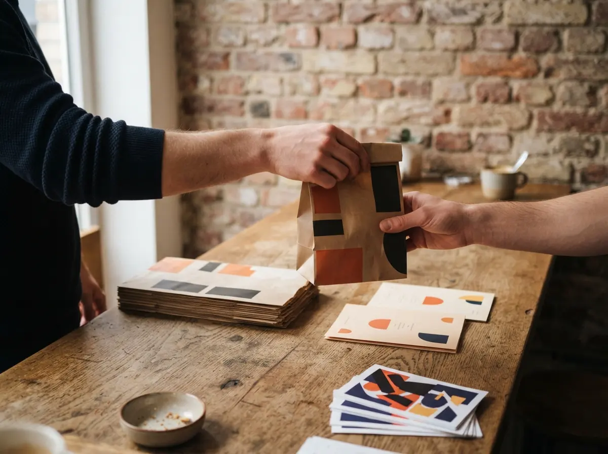 Le comptoir d'une sandwicherie avec des sacs imprimés, des cartes de menu et des flyers, une main tend un sac