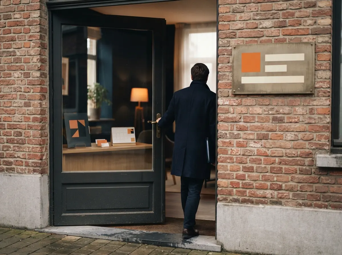 L'entrée d'un bureau avec une enseigne en aplats de couleur, quelqu'un entre avec une chemise sous le bras