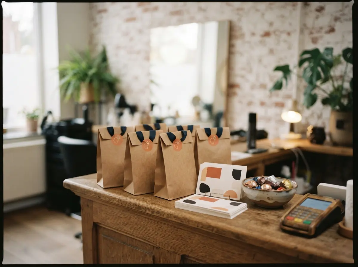 Le comptoir d'un salon avec de petits sacs cadeaux, fermés par un autocollant rond, et une pile de bons cadeaux