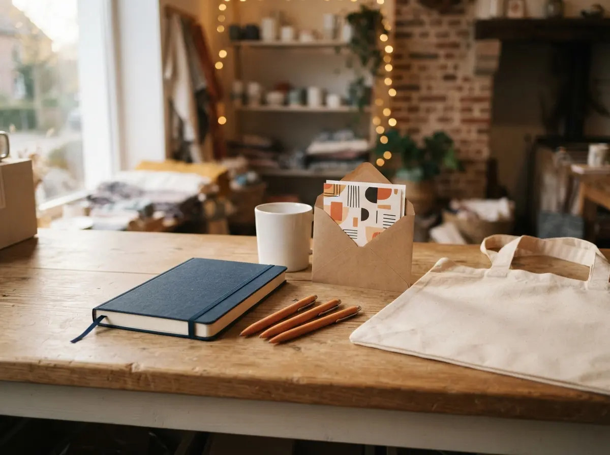 Des cadeaux de fin d'année sur un comptoir : un agenda, des stylos orange, une tasse et une carte dans une enveloppe