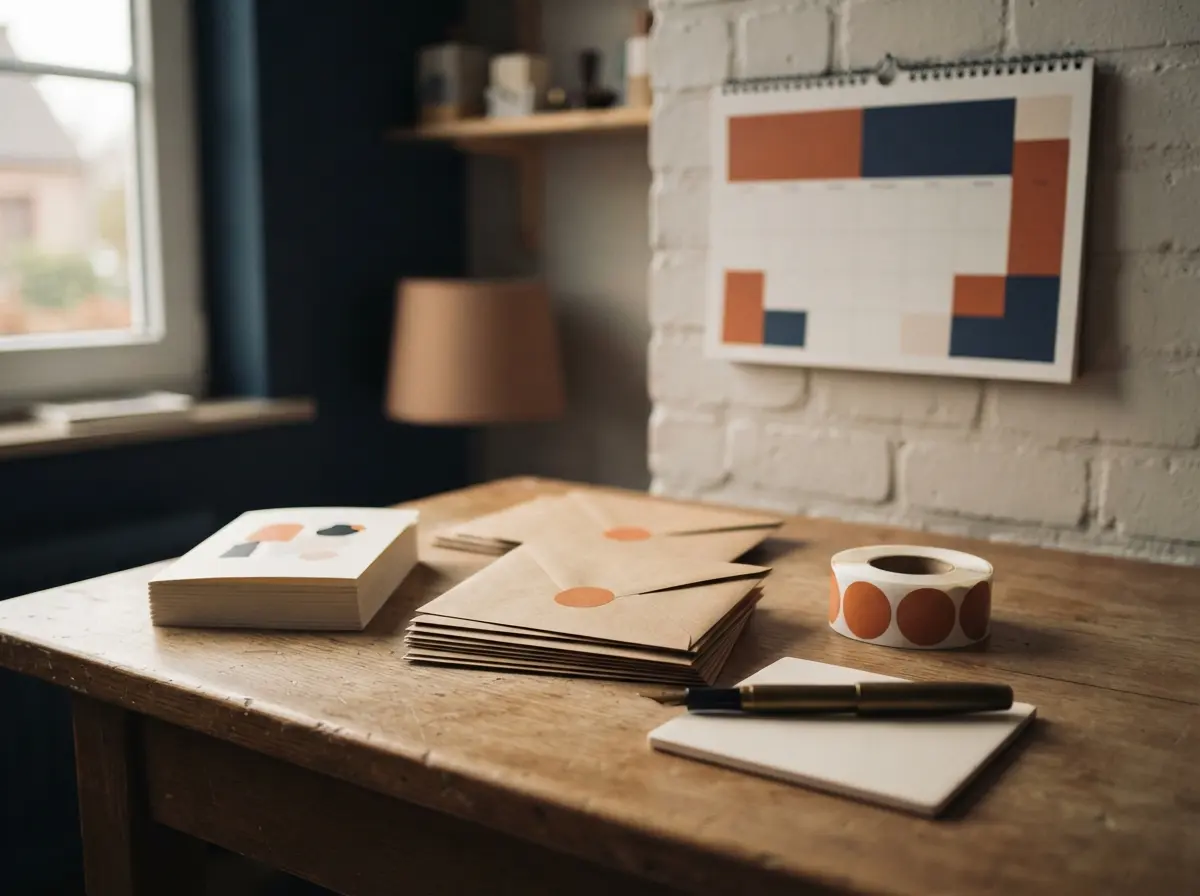 Un bureau avec des cartes de nouvel an dans des enveloppes, fermées par un autocollant orange, et un calendrier au mur