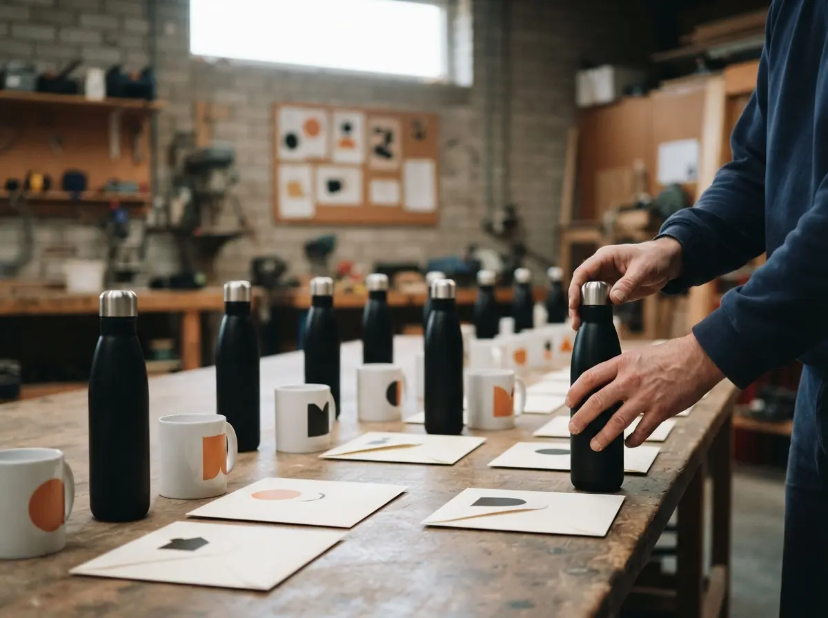 Geschenken voor een ploeg op een lange tafel: drinkflessen, mokken en kaarten in enveloppen, klaar om uit te delen