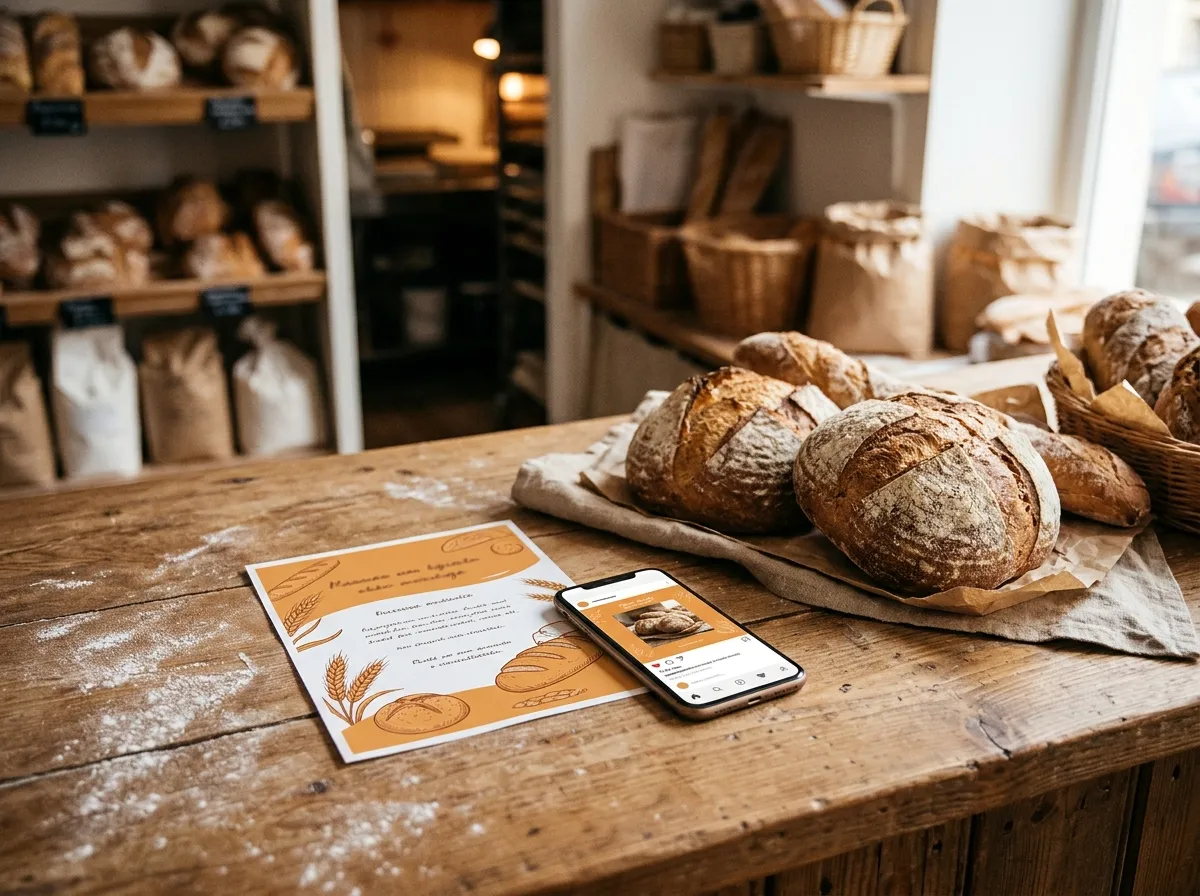 Flyer en smartphone naast versgebakken brood