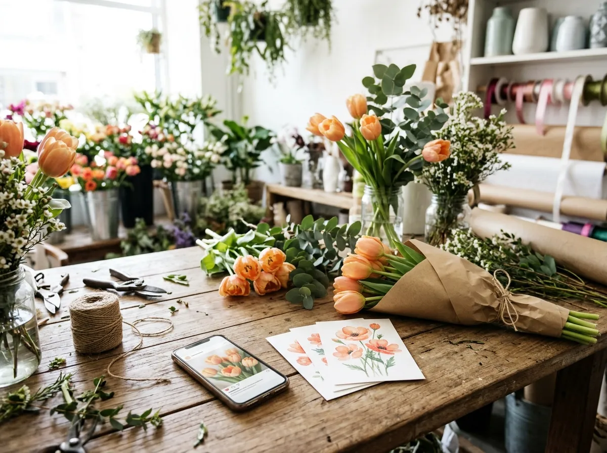 Kaartjes en smartphone tussen tulpen in een bloemenwinkel