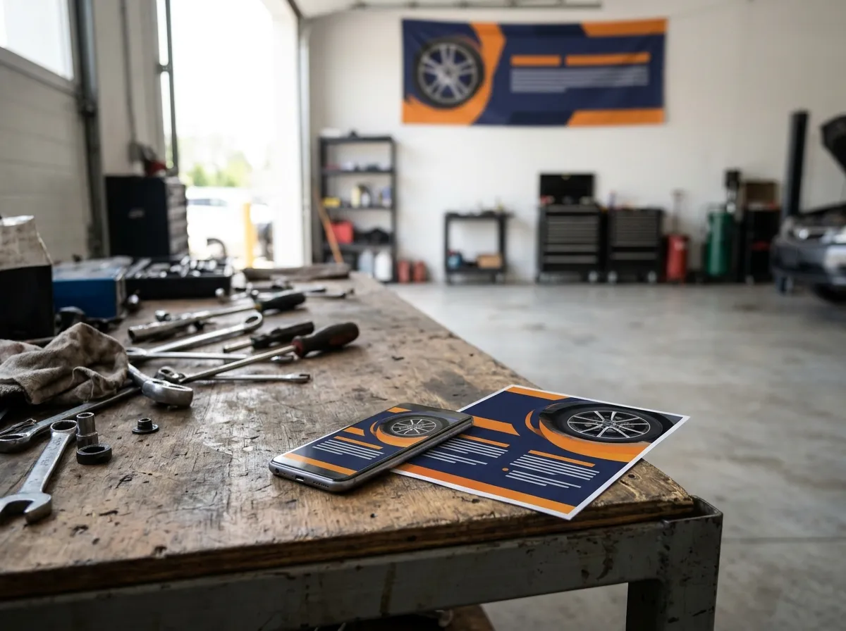 Flyer en smartphone op een werkbank met een spandoek aan de muur