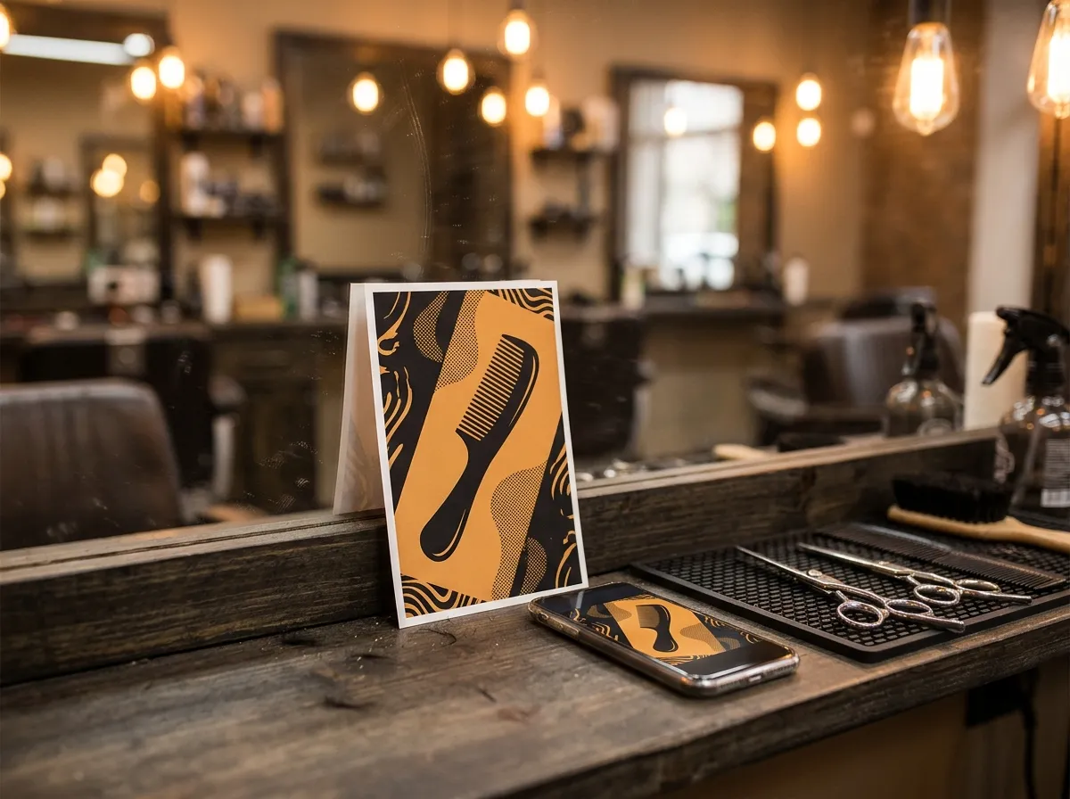 Poster met kam en smartphone in een kapsalon
