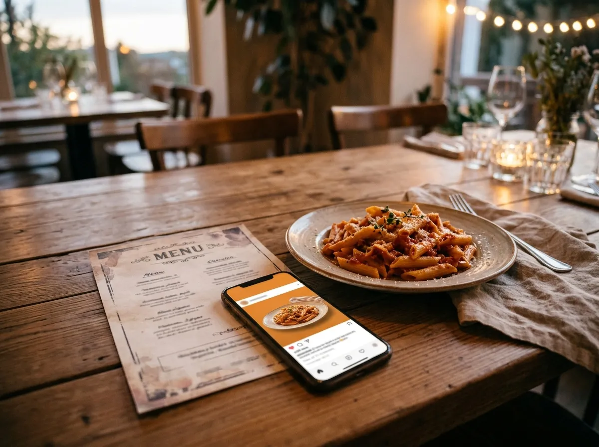 Menukaart, bord pasta en smartphone op een tafel