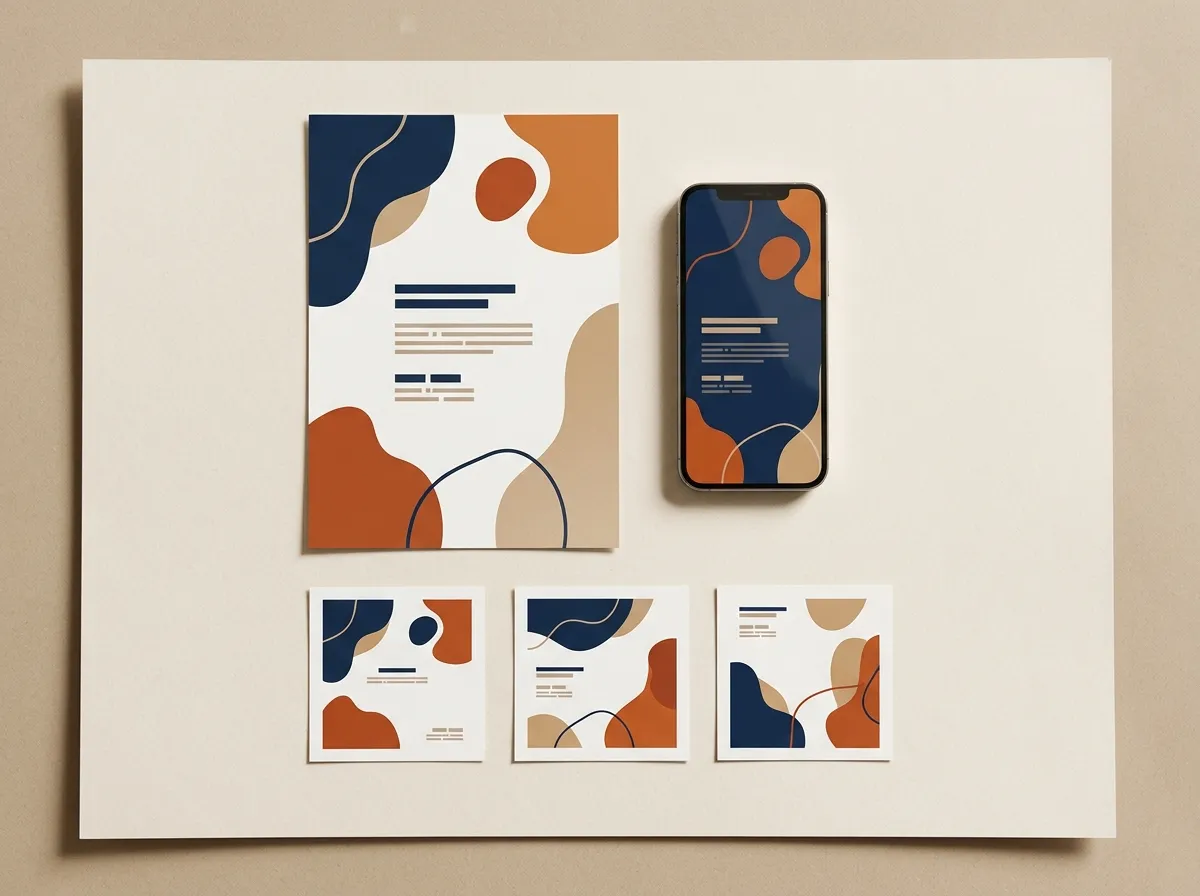Flyer, smartphone en drie posts in dezelfde stijl