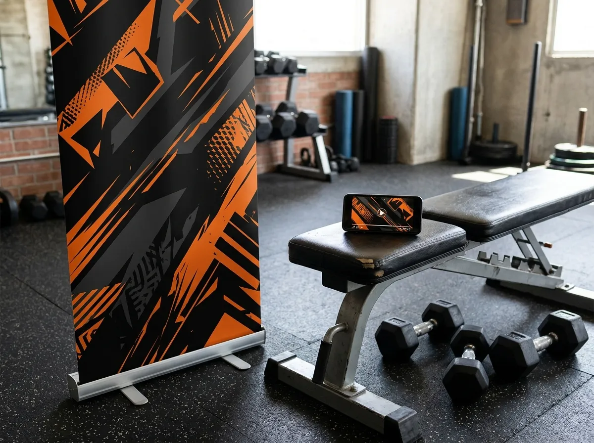 Roll-up en smartphone op een bank in een fitnesszaal
